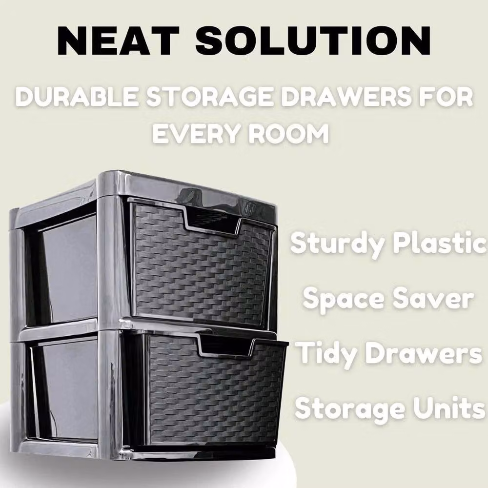 FLAVORA Large 2 Drawer Rattan Style Plastic Storage Unit in Black, W: 50 cm, D: 50 cm, H: 50 cm – 2