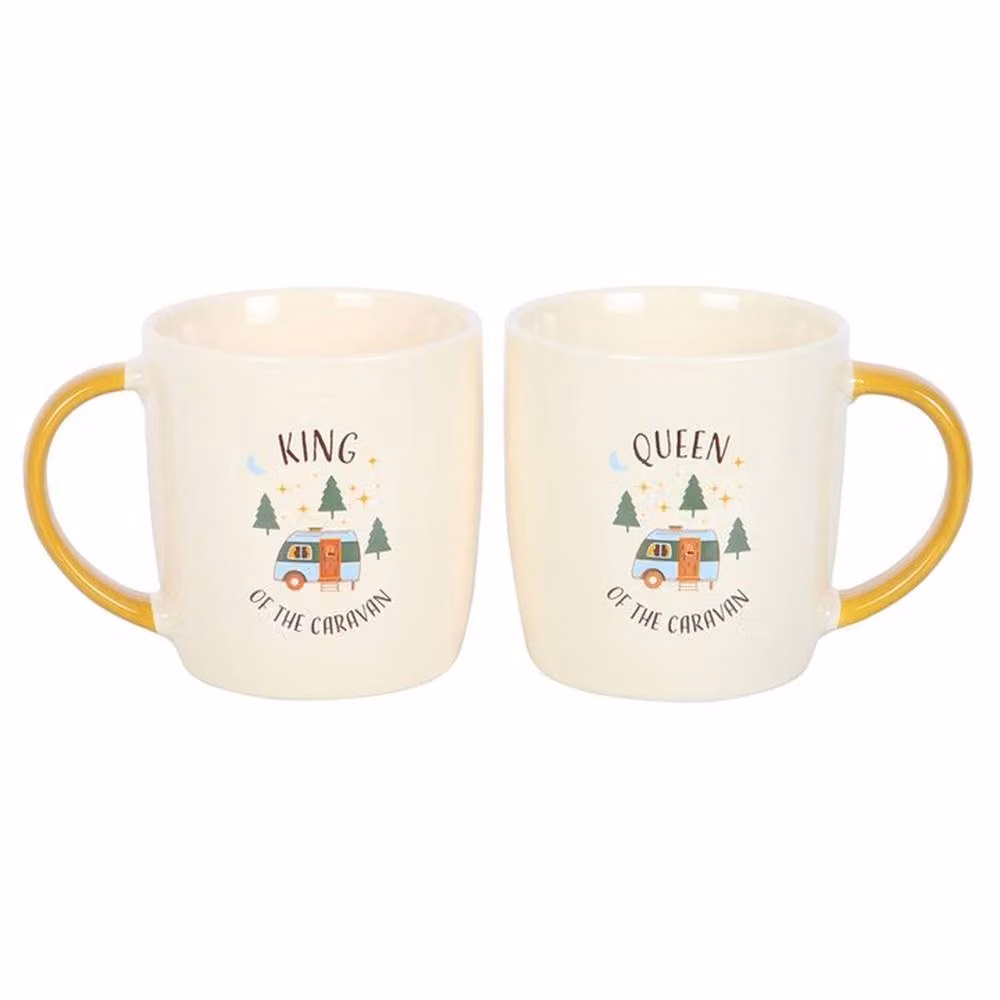 Uniqueful Camping King and Queen Couples Ceramic Mug Set, Multicolour, 400ml per mug – 2