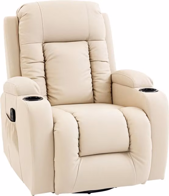 HOMCOM PU Leather Recliner Armchair with Extended Footrest, Cup Holders and Side Pockets, Beige – 1