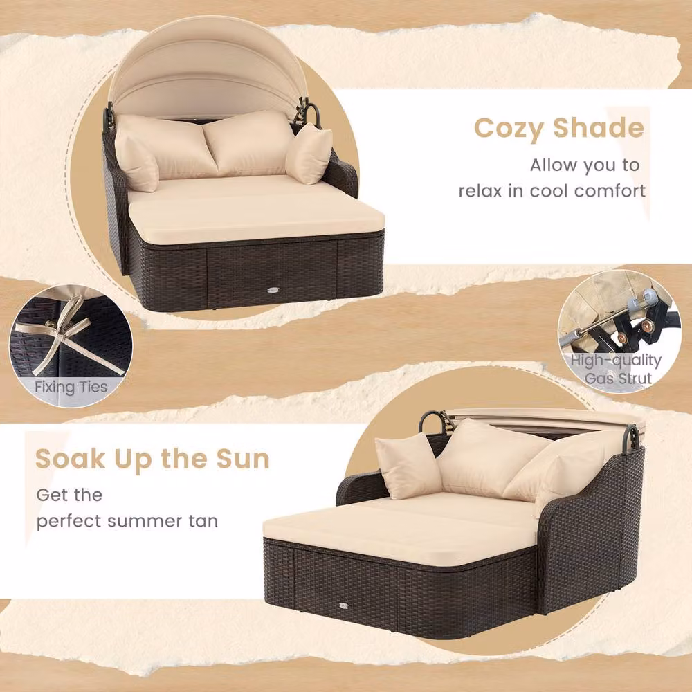 Costway Modern PE Rattan Patio Daybed with Retractable Canopy in Beige – 7