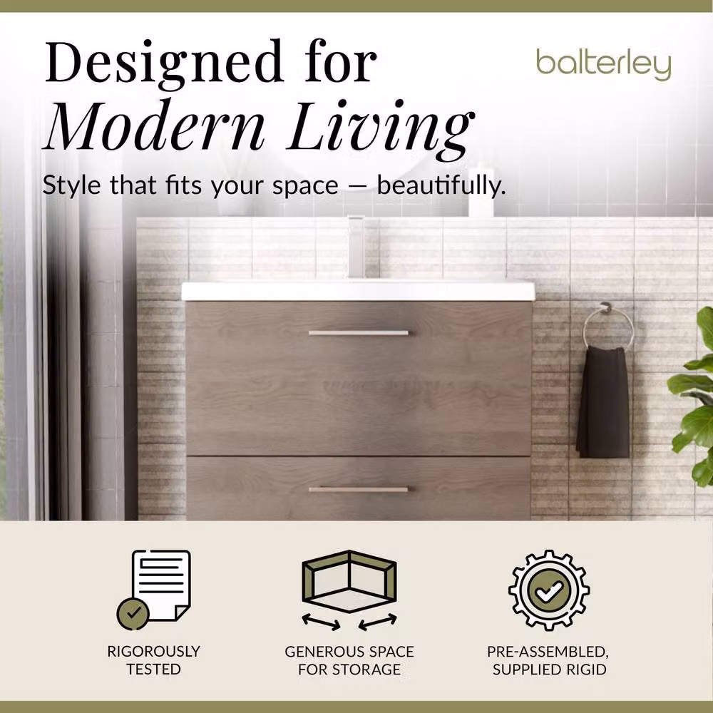 Balterley Contemporary Bathroom Floor Standing 2-Drawer Vanity Unit and Mid-Edge Ceramic Basin in Solace Oak Brown, Width: 80 cm – 2