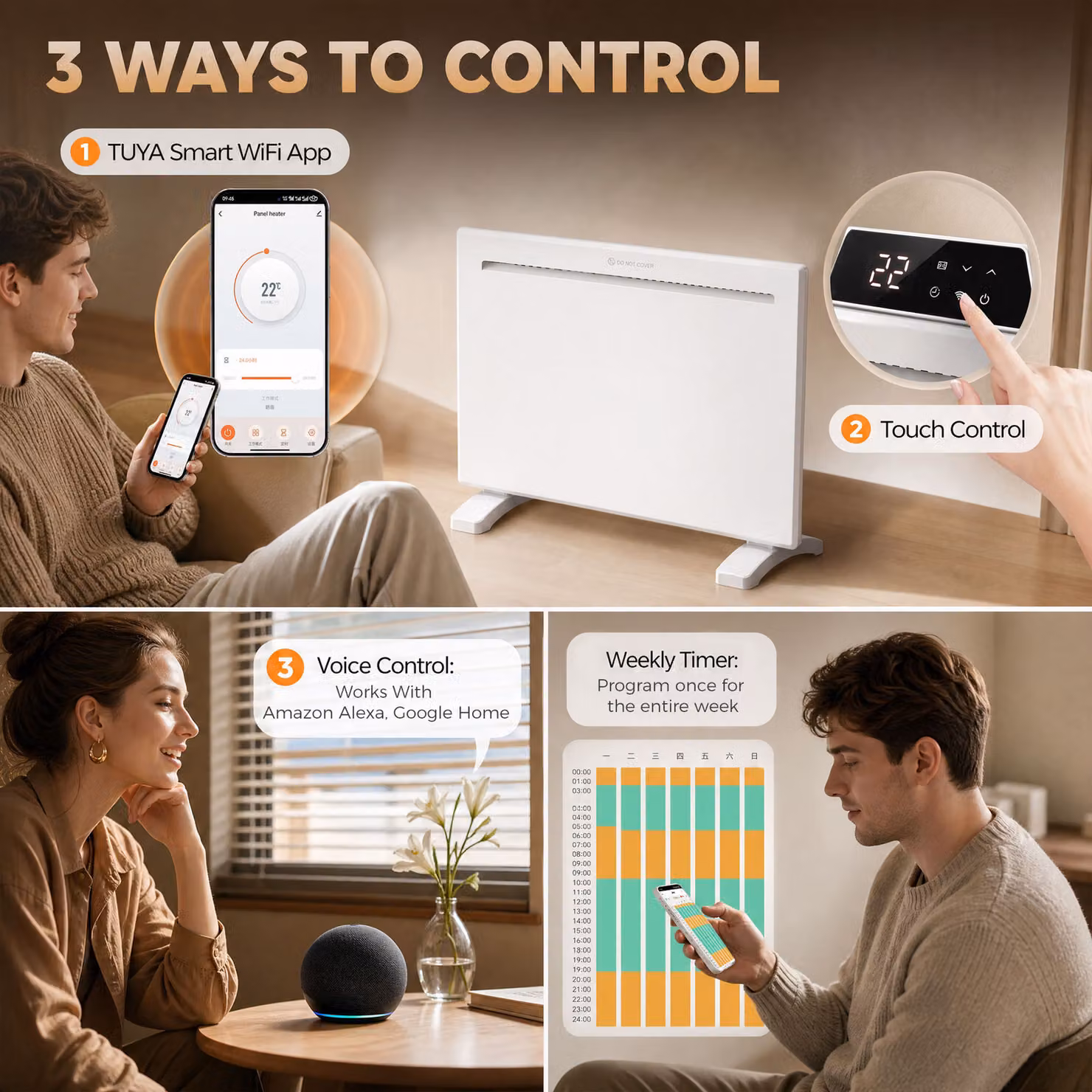 HOMCOM Smart Convector Panel Heater, 1000W Electric Heater with WiFi App Control, Weekly Timer, Open Window and Anti-Frost Functions, White, Wall Mounted or Freestanding – 3