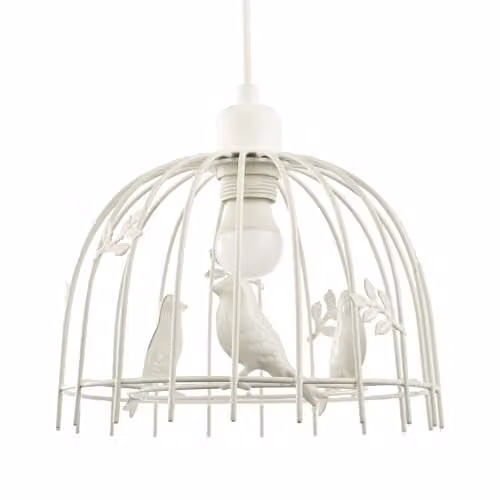 Happy Homewares White Gloss Metal Birdcage Pendant Light Shade with 3D Birds and Leaves, W: 25 cm, H: 16 cm – 1