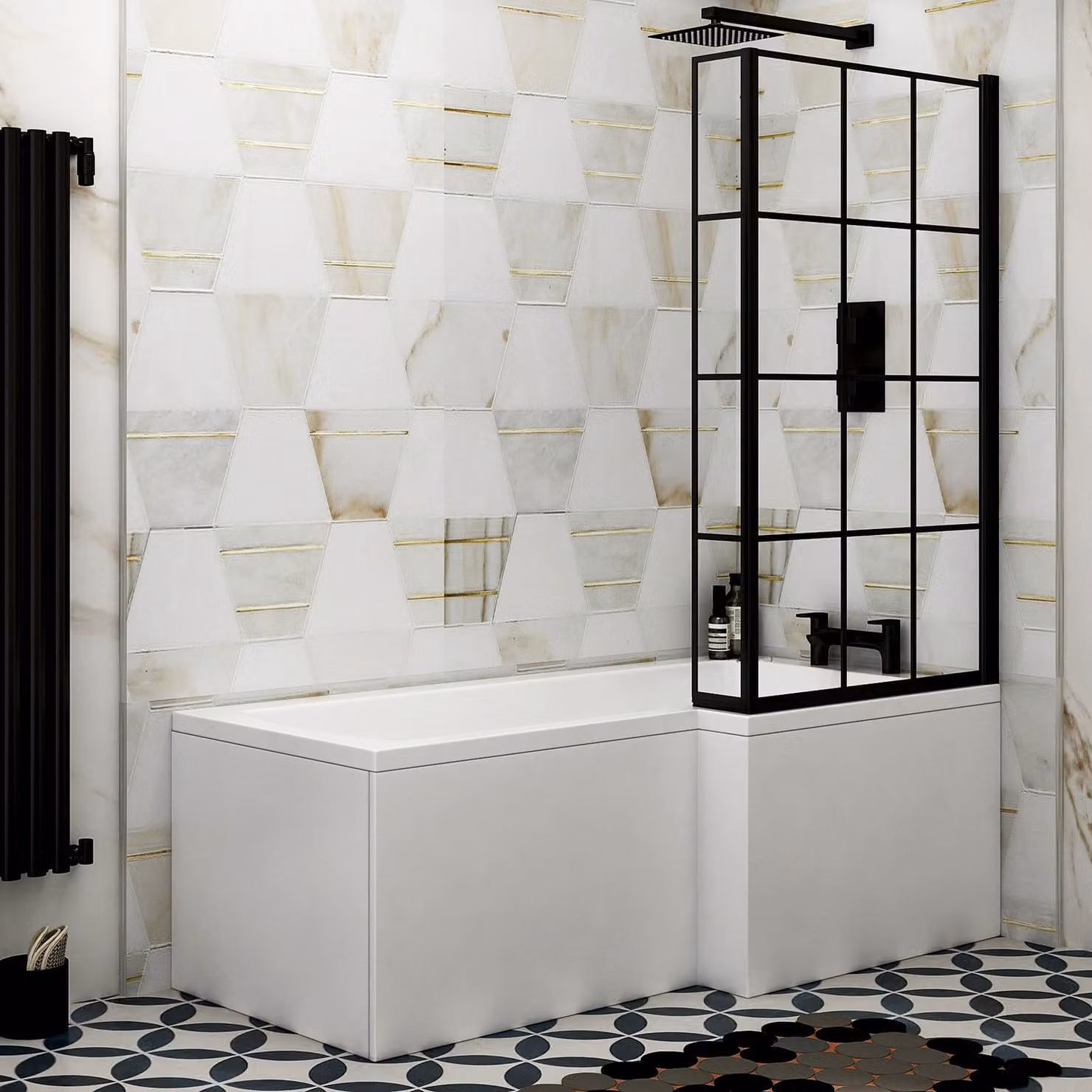 Qubix Right Hand L Shaped Asymmetric Shower Bath Set with Front Panel, End Panel and Black Framed Shower Screen, White, W: 150 cm, D: 85 cm
