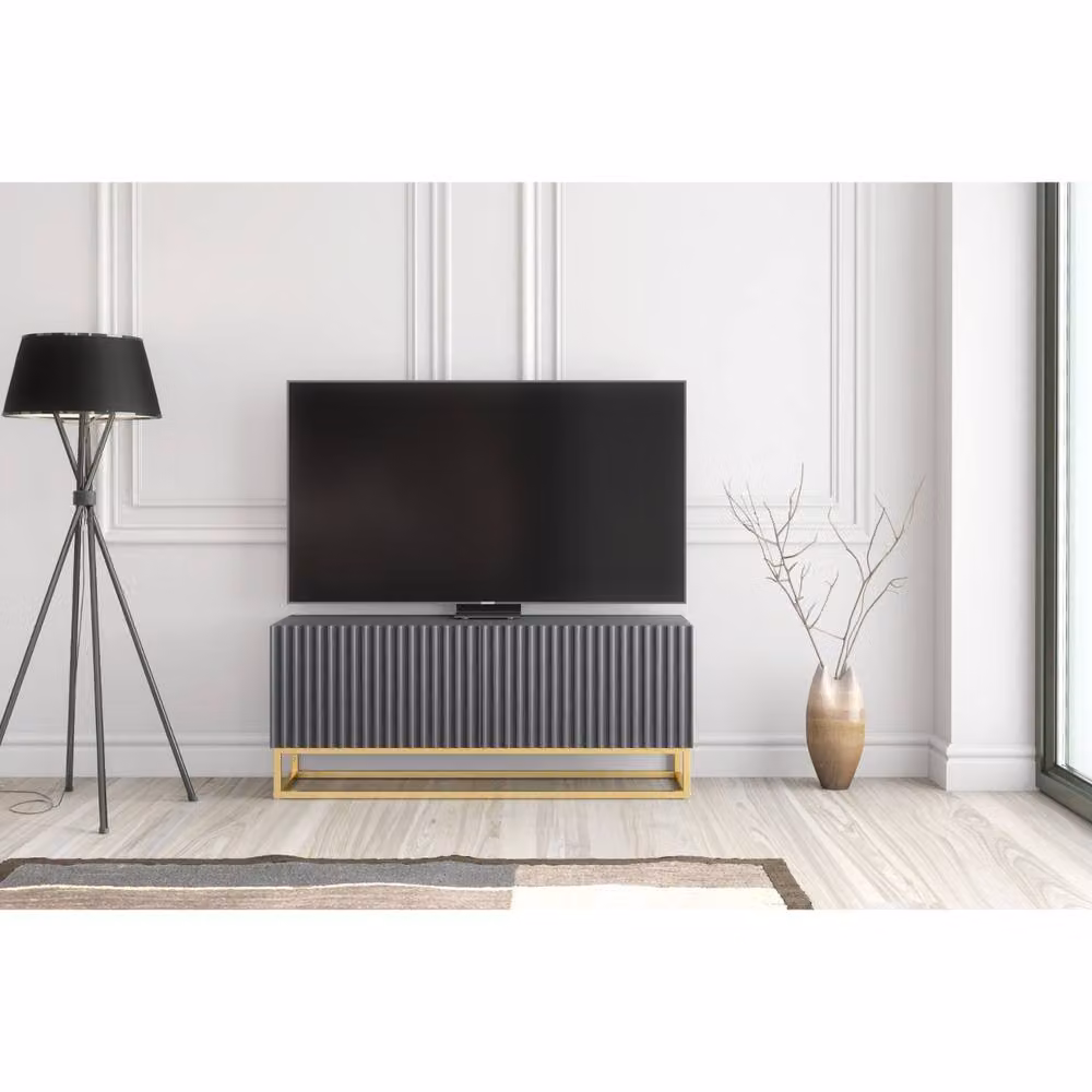 Creative Furniture Ripple TV Unit in Dark Grey with Gold Accents and Fluted Doors, W/D/H: 100 x 45 x 35 cm – 2