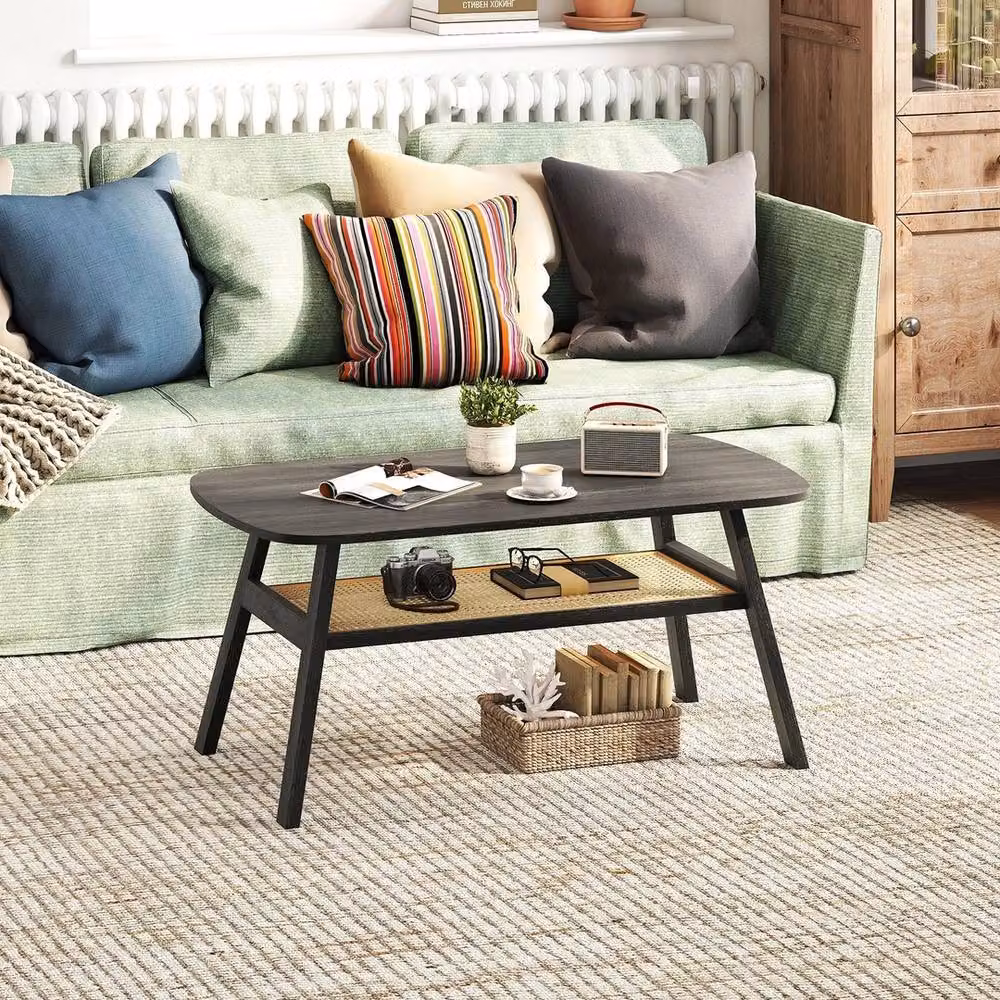 VOGREX Black and Dark Grey Rectangular 2-Tier Coffee Table with Rustic Rubberwood Finish – 4