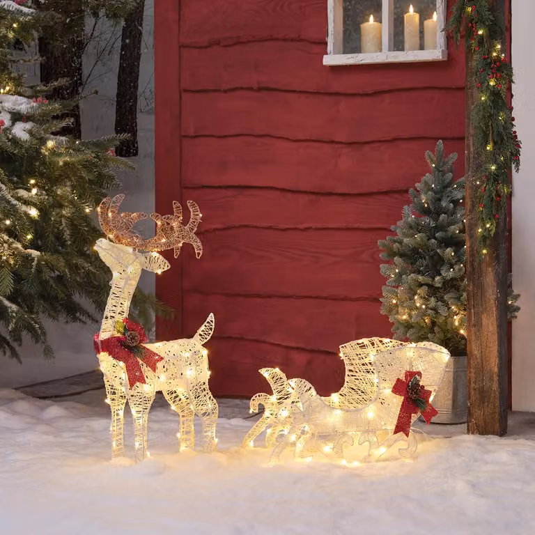Lights4fun Harewood Reindeer and Sleigh Light Up Christmas Figure in White, Red and Gold, Height: 70 cm