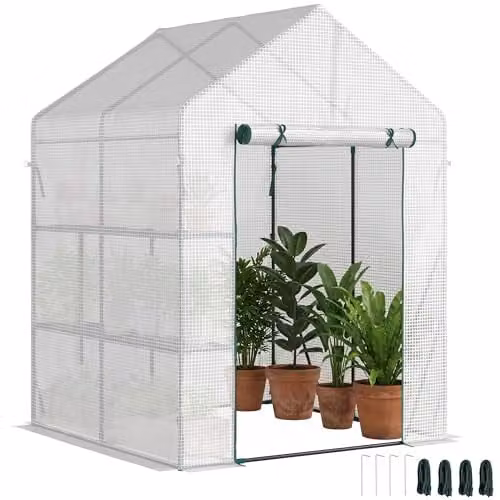 Outsunny Portable Walk In Greenhouse with 2 Tier Shelf, White or Green, W/D/H: 143 x 143 x 195 cm