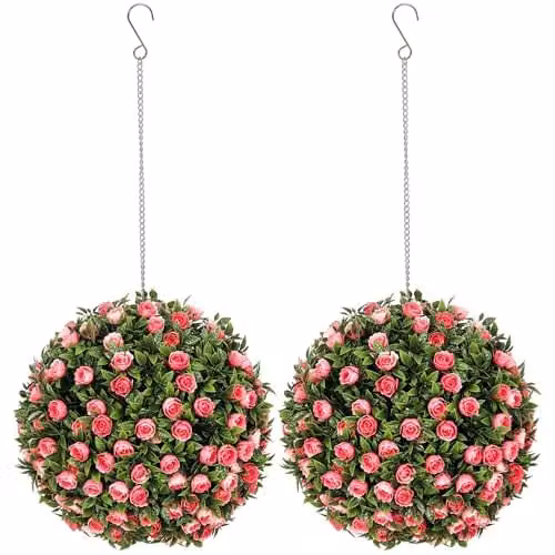 HOMCOM Set of 2 Pink Artificial Rose Topiary Balls, Diameter: 28 cm – 1