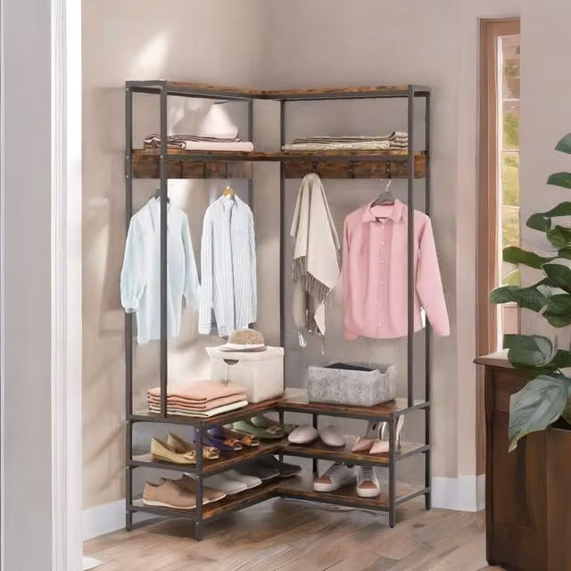 Rafaelo Mobilia Industrial L-Shaped Hall Tree Coat Rack Stand with Shoe Storage Shelves in Brown