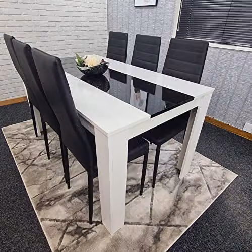 KOSY KOALA Modern Kitchen Dining Set with Rectangular White Glossy Table and 6 Black Chairs, W/D/H: 140 x 80 x 75 cm – 4