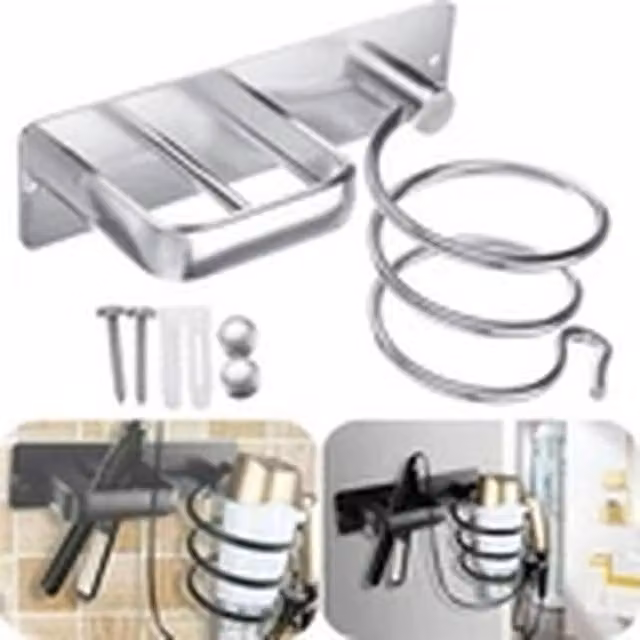 Havendro Wall Mounted Spiral Hair Dryer Holder and Storage Rack Kit in Silver