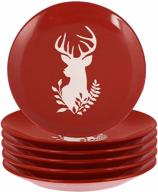 Dibor Set of 6 Red and White Ceramic Christmas Stag Side Plates, Diameter: 21 cm