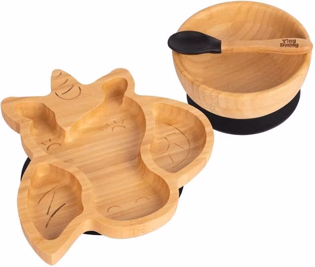 Tiny Dining Childrens Bamboo and Silicone Unicorn Divided Dinner Set in Black and Multicolour