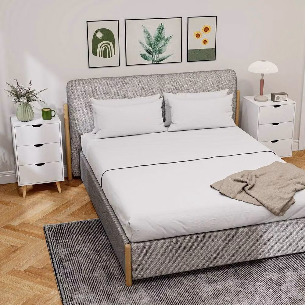 NESTLUNE Set of 2 White Bedside Tables with 3 Drawers and Pine Legs – 2