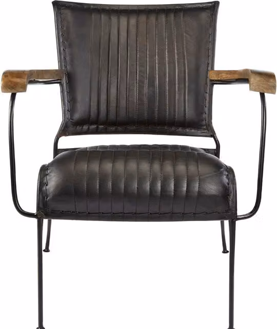 Elm Home And Garden Retro Black Genuine Leather Armchair with Metal Frame