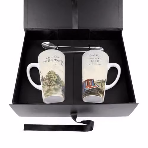 Purely Home Canal Boating Tall Latte Mugs and Spoons Gift Boxed Set, Multicolour – 3