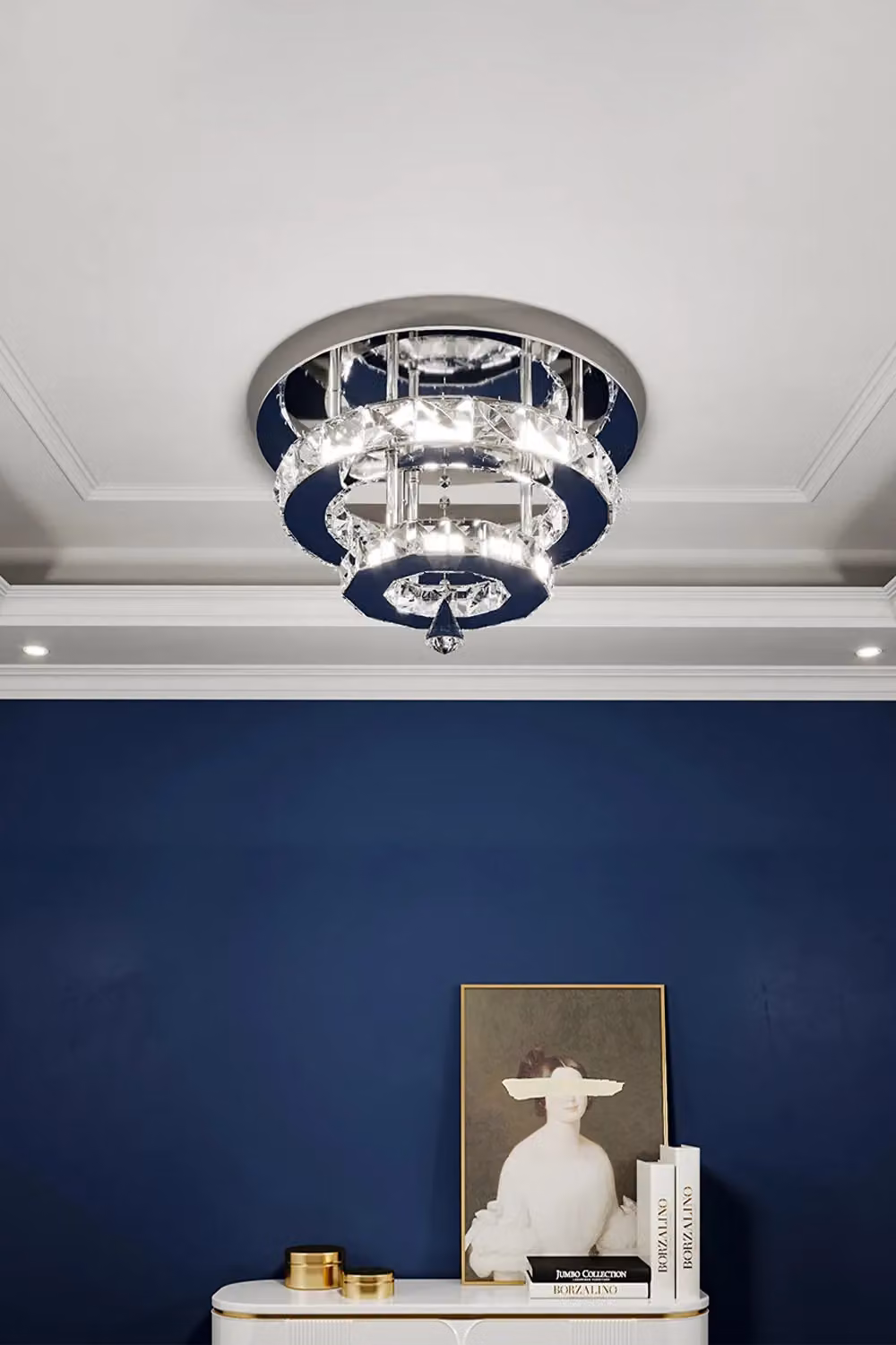 Living and Home Crystal Double-Layer Round LED Ceiling Light in Silver and Chrome with Cool White Light – 2