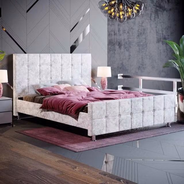 Vida Designs Valentina Modern Upholstered Fabric Bed in Silver Grey Velvet, W/D/H: 180 x 200 cm