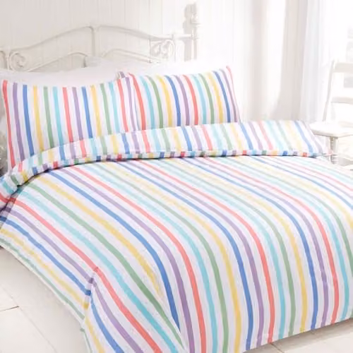 Rapport Home Candy Stripe Cotton Duvet Cover and Pillowcase Set, Multicolour and White Striped, W/D/H: 200 x 200 cm and 50 x 75 cm