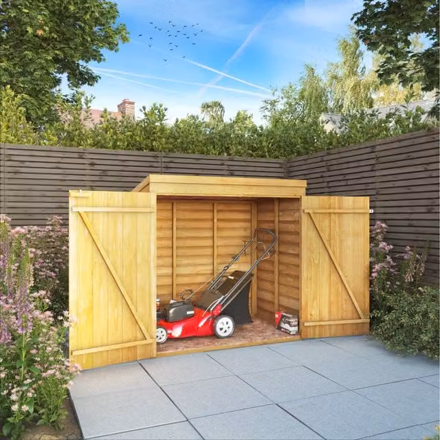 Waltons Wooden Overlap Pent Roof Garden Storage Shed with Double Doors, Green/Brown, W/D/H: 152.4 x 91.44 x 91.44 cm
