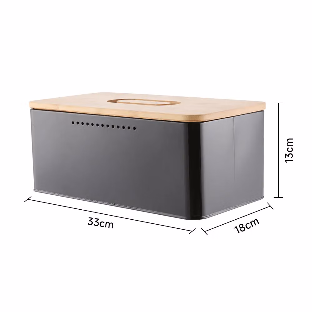 Living and Home Metal Bread Box in Black with Reversible Bamboo Lid and Ventilation – 4