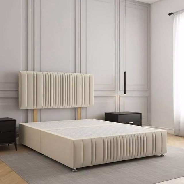 Regional Furnishings Small Double Plush Velvet Divan Bed with 24 inch Headboard and Footboard in Beige, W/D/H: 120 x 200 cm