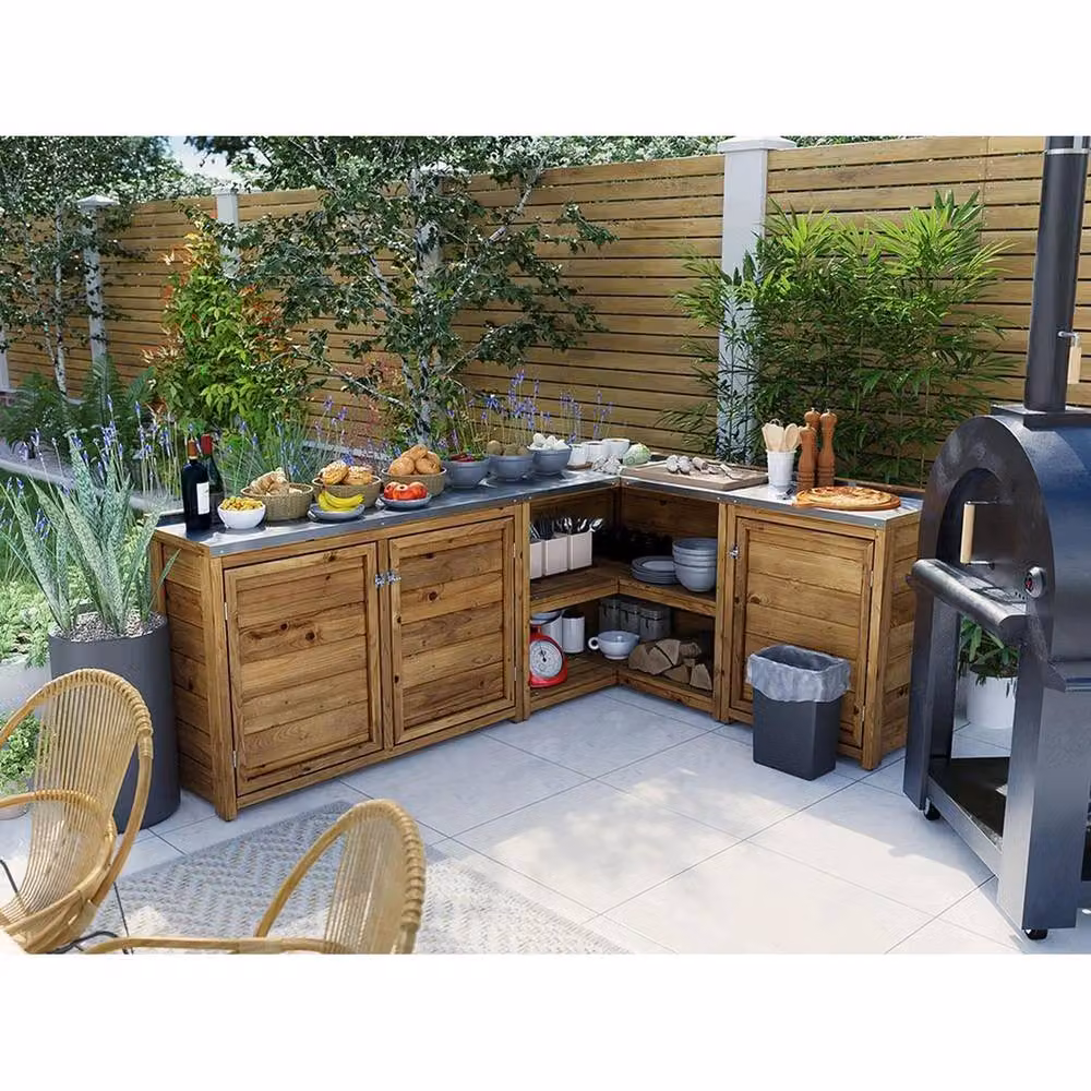 Dunster House L-Shaped Wooden Garden Kitchen Unit with Stainless Steel Top in Brown, W: 200 cm, D: 150 cm – 2