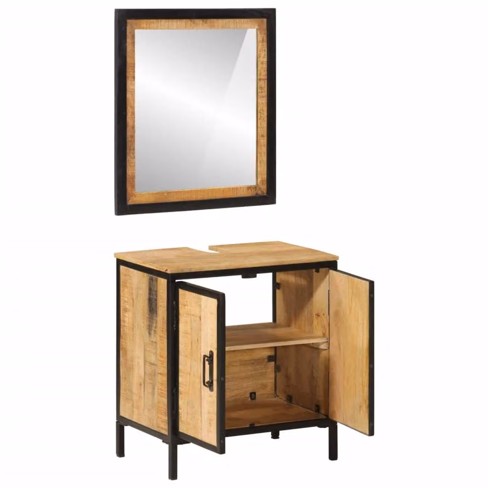 Berkfield Home 2 Piece Industrial Bathroom Furniture Set with Vanity Unit and Mirror Cabinet in Brown Mango Wood and Metal – 2