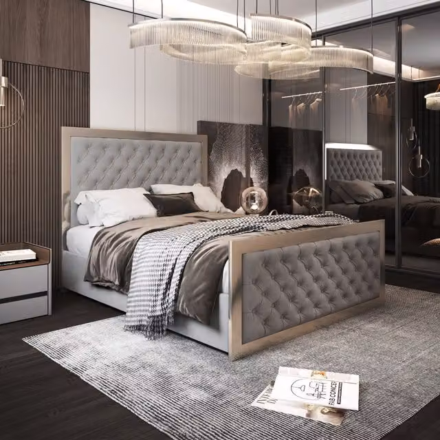 Emia Upholstered Velvet Metal Bed Frame in Grey, 180 x 200 cm