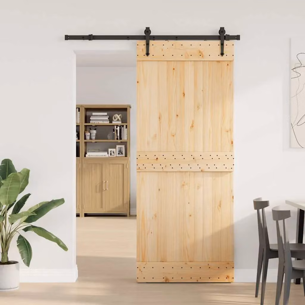 Berkfield Home Rustic Solid Pine Sliding Door with Hardware Set in Brown, W: 85 cm, H: 210 cm – 1