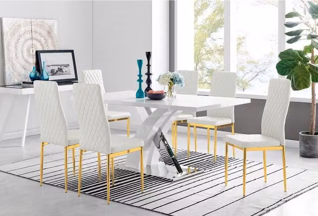 FurnitureboxUK Atlanta White Dining Table with 6 Grey Milan Chairs and Gold Legs