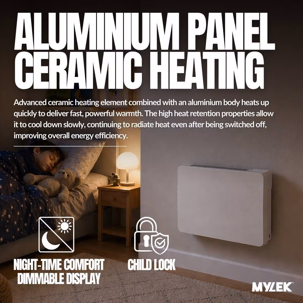 MYLEK 1000W White Aluminium and Ceramic Wall Mounted Smart Electric Panel Heater with WiFi App Control and Frost Protection – 2