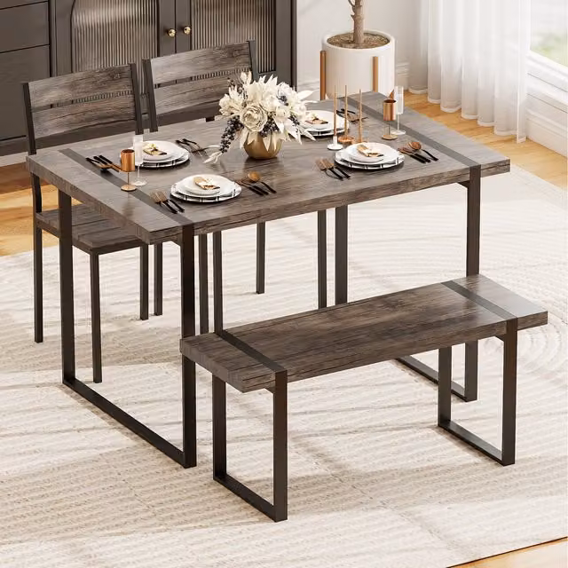 COSTWAY Industrial Grey Kitchen and Dining Room Set with Rectangular Wood Table, Bench and Chairs