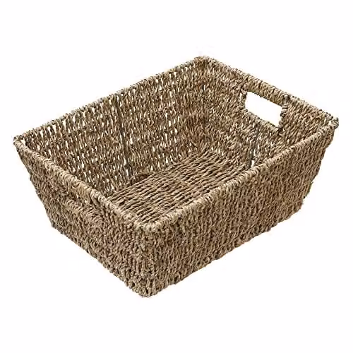 JVL Set of 2 Large Hand Woven Seagrass Rectangular Storage Baskets with Handles, Beige, H: 16 cm, W: 38 cm, D: 29 cm – 2