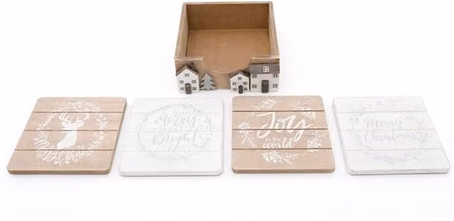 KDMK Set of 4 Brown Natural Wood Christmas House Coasters