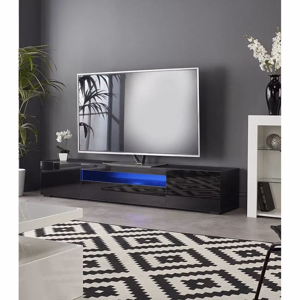 FORGEVIO Modern Black Glossy TV Stand Cabinet with Integrated LED Lights, 200 cm – 4