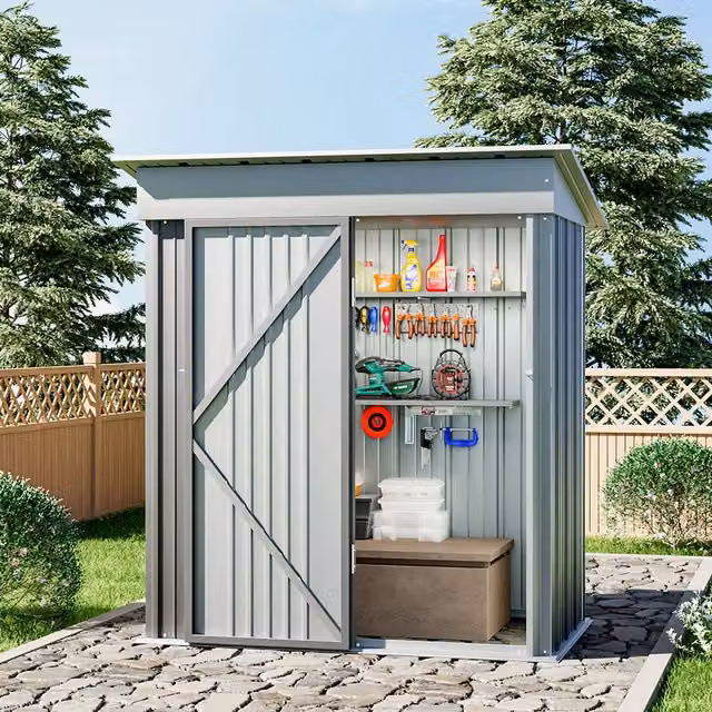 Livingandhome Pent Metal Garden Shed in Grey and White