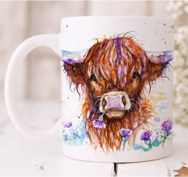 BebesArts Highland Cow Watercolour Art Mug in Brown and White