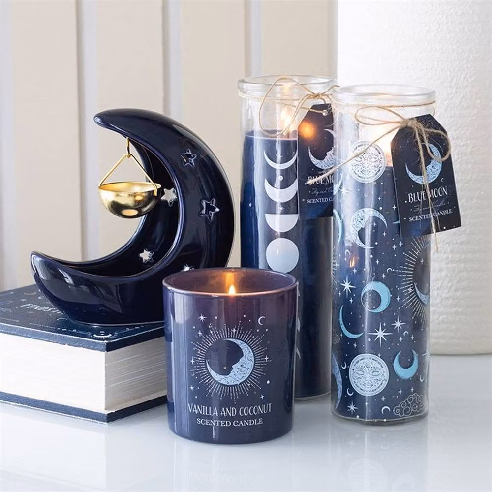 Uniqueful Blue and Gold Crescent Moon Hanging Ceramic and Metal Tealight Oil Burner – 2