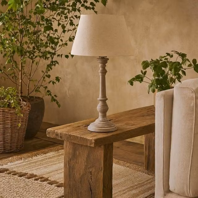 Wyld Haus Turin Rustic Tall Distressed Grey Wooden Table Lamp with Beige Linen Shade