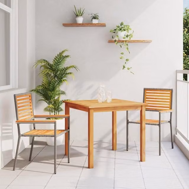 Berkfield Home 3 Piece Grey Poly Rattan and Acacia Wood Garden Dining Set – 1