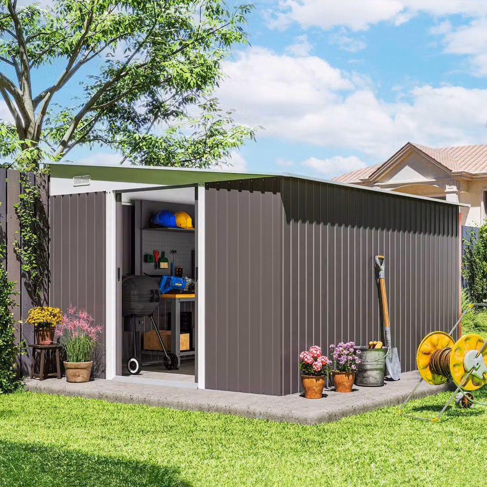Rolipo Grey Metal Lean-To Pent Garden Shed with Sliding Doors – 2