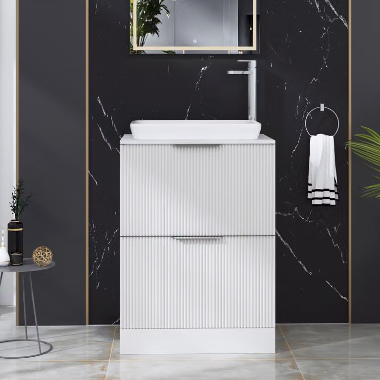 Royal Bathrooms Evora Matt White Fluted Floor Standing Countertop Vanity Unit with Qubix Basin and 2 Drawers