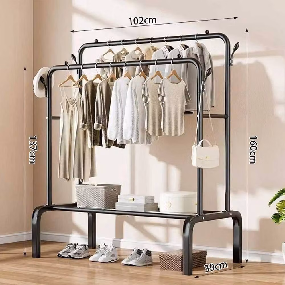 FLAVORA Heavy Duty Double Rail Clothes Rack with Multi Shelves in Matt Black Metal – 3