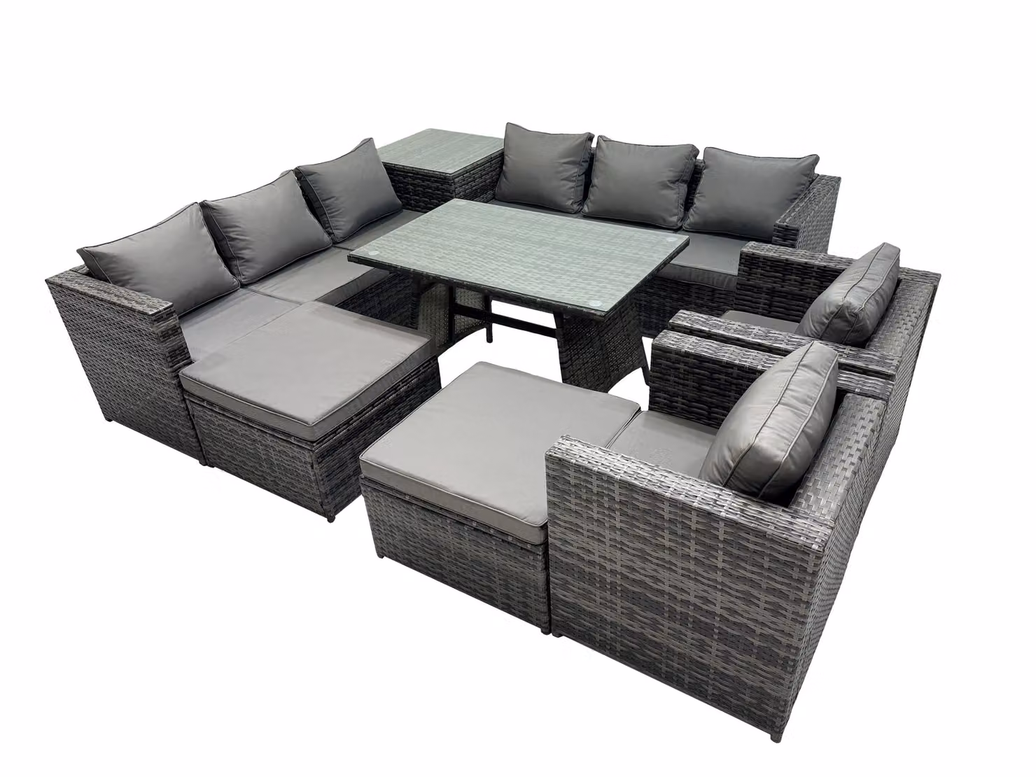 Fimous Garden Rattan Furniture Set for 10 Adults in Dark Grey with 2 Large Stools and Glass Tabletop – 2