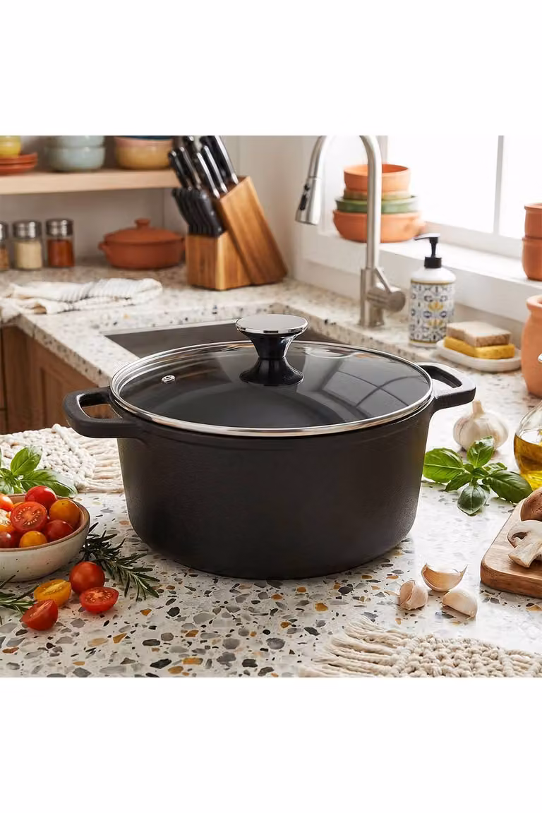 Living and Home Uncoated Cast Iron Stock Pot with Glass Lid and Dual Handles in Black