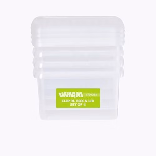 Wham Clip Set of 4 Stackable 9L Square Plastic Storage Boxes with Lids, Transparent