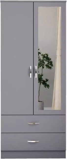 FLAVORA Matt Grey 2 Door 2 Drawer Wardrobe with Mirror and Hanging Rod – 1