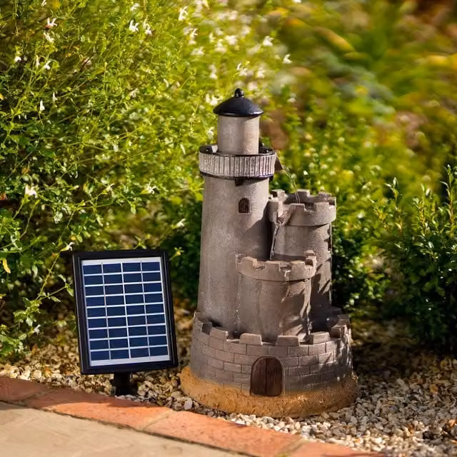 Primrose Castle Cascade Solar Water Feature with Lights in Brown